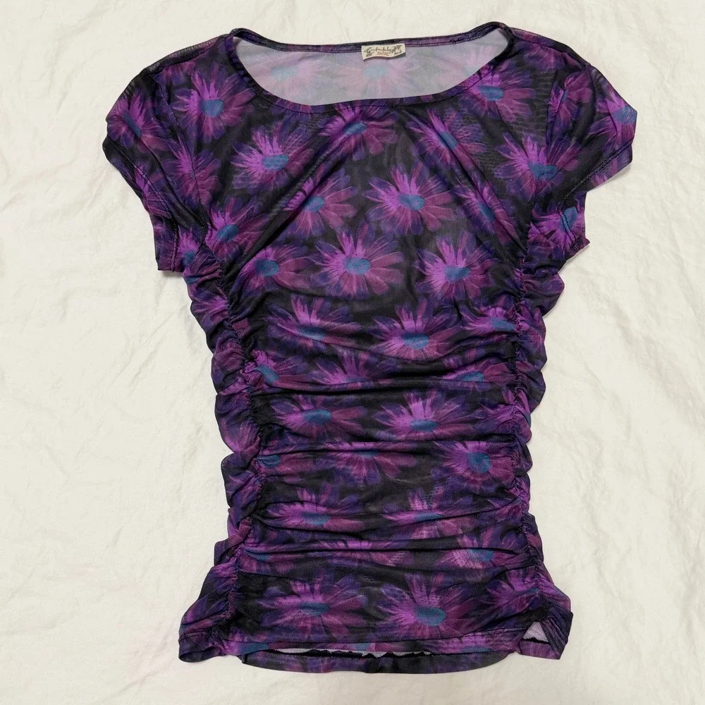 Intimately Free People Purple Floral Mesh Ruched Short Sleeve Top XS